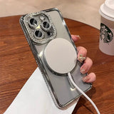 New Fashion Glitter Diamond Transparent Case For iPhone 16 15 14 13 17 12 Pro Max 16 Plus Magnetic Wireless Charge Bumper Cover - Luxelstore