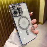 New Fashion Glitter Diamond Transparent Case For iPhone 16 15 14 13 17 12 Pro Max 16 Plus Magnetic Wireless Charge Bumper Cover - Luxelstore