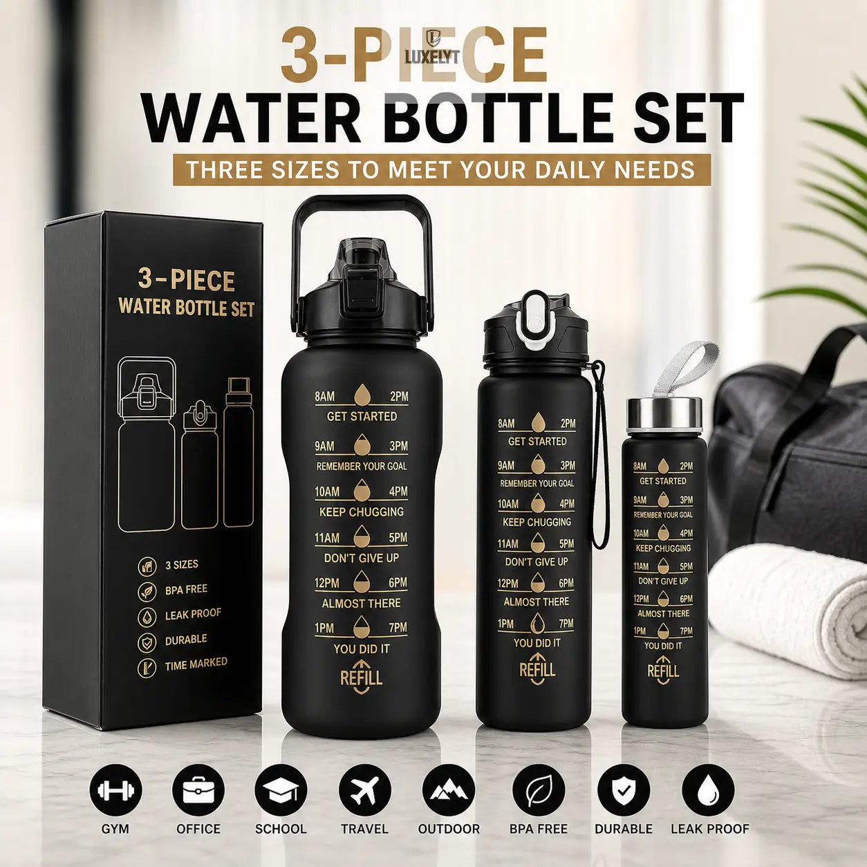 Stay Hydrated. Stay Focused. Luxel Motivational Bottle