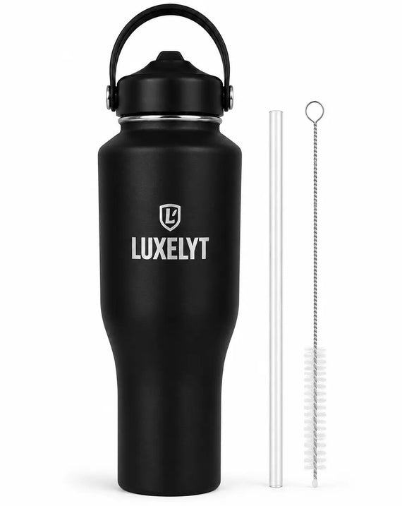 Luxelyt 40 oz Insulated Water Bottle with Traw & Cleaning Brush