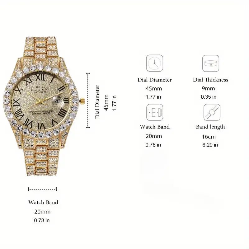 3pcs Necklace+Bracelet+Watch Cuban Chain Watch for Men Hip Hop Miami Curb Iced Out Paved Rhinestone Rapper Cuban men Jewelry set - Luxelstore