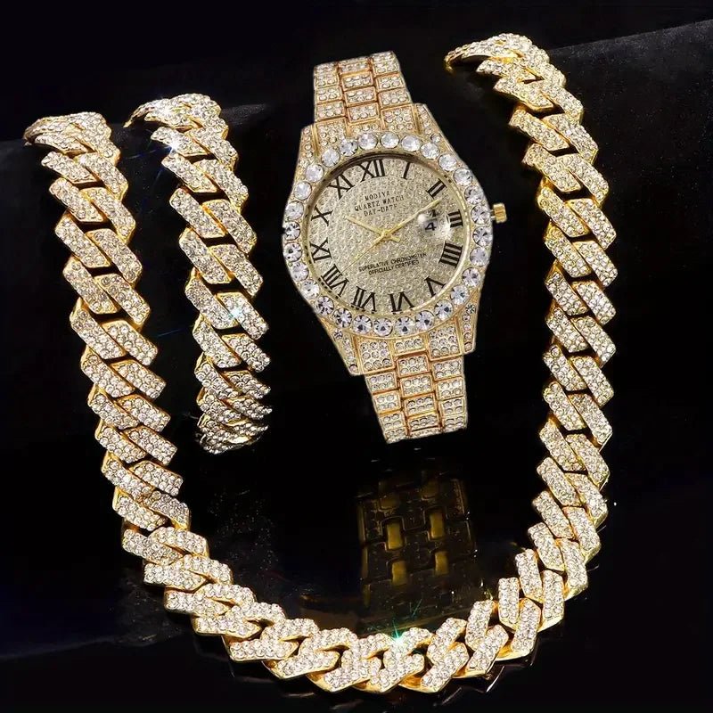 3pcs Necklace+Bracelet+Watch Cuban Chain Watch for Men Hip Hop Miami Curb Iced Out Paved Rhinestone Rapper Cuban men Jewelry set - Luxelstore