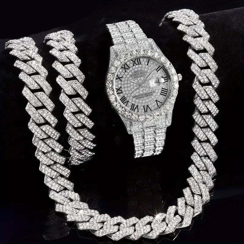 3pcs Necklace+Bracelet+Watch Cuban Chain Watch for Men Hip Hop Miami Curb Iced Out Paved Rhinestone Rapper Cuban men Jewelry set - Luxelstore