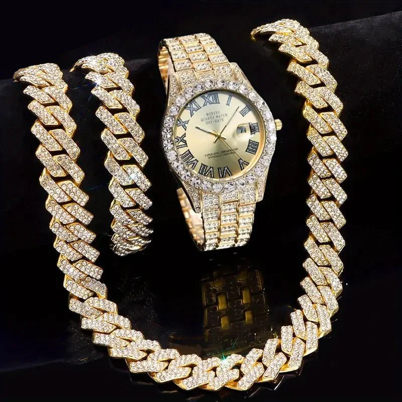 3pcs Necklace+Bracelet+Watch Cuban Chain Watch for Men Hip Hop Miami Curb Iced Out Paved Rhinestone Rapper Cuban men Jewelry set - Luxelstore
