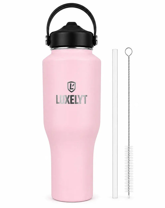 Luxelyt 40 oz Insulated Water Bottle with Traw & Cleaning Brush