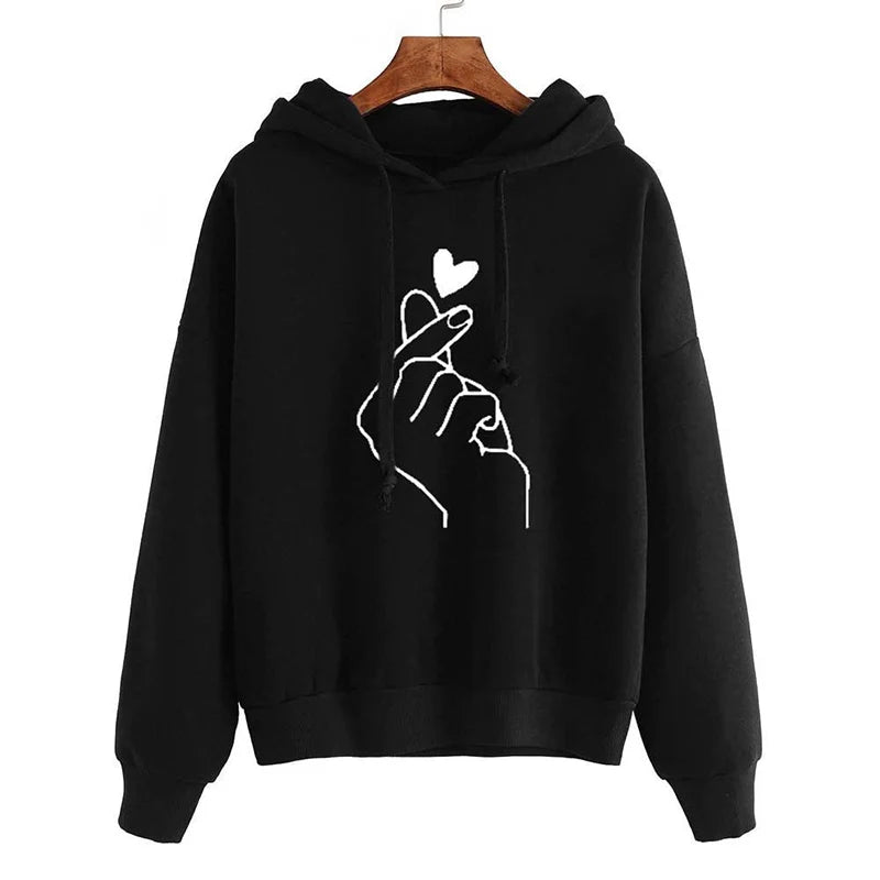 Autumn Fleece Hoodie Solid Color Finger Heart Hooded Korean Fashion Sweatshirts Long Sleeve Top Drawstring Pockets Loose Hoodies - Luxelstore