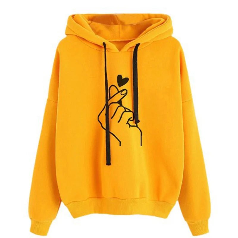 Autumn Fleece Hoodie Solid Color Finger Heart Hooded Korean Fashion Sweatshirts Long Sleeve Top Drawstring Pockets Loose Hoodies - Luxelstore