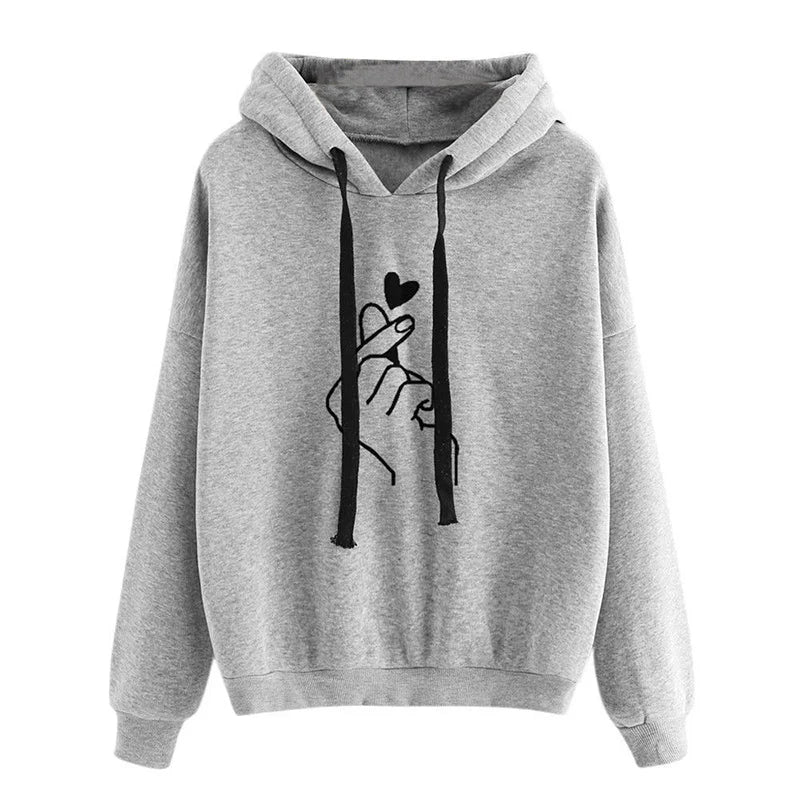 Autumn Fleece Hoodie Solid Color Finger Heart Hooded Korean Fashion Sweatshirts Long Sleeve Top Drawstring Pockets Loose Hoodies - Luxelstore