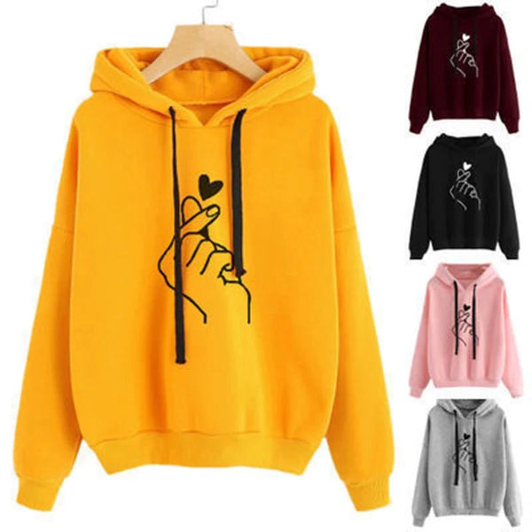 Autumn Fleece Hoodie Solid Color Finger Heart Hooded Korean Fashion Sweatshirts Long Sleeve Top Drawstring Pockets Loose Hoodies - Luxelstore