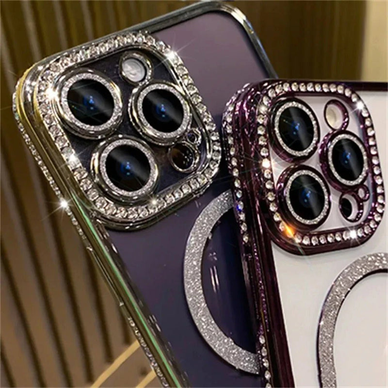 New Fashion Glitter Diamond Transparent Case For iPhone 16 15 14 13 17 12 Pro Max 16 Plus Magnetic Wireless Charge Bumper Cover - Luxelstore