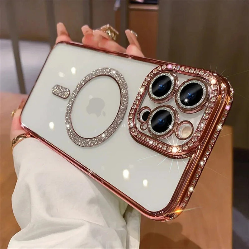 New Fashion Glitter Diamond Transparent Case For iPhone 16 15 14 13 17 12 Pro Max 16 Plus Magnetic Wireless Charge Bumper Cover - Luxelstore