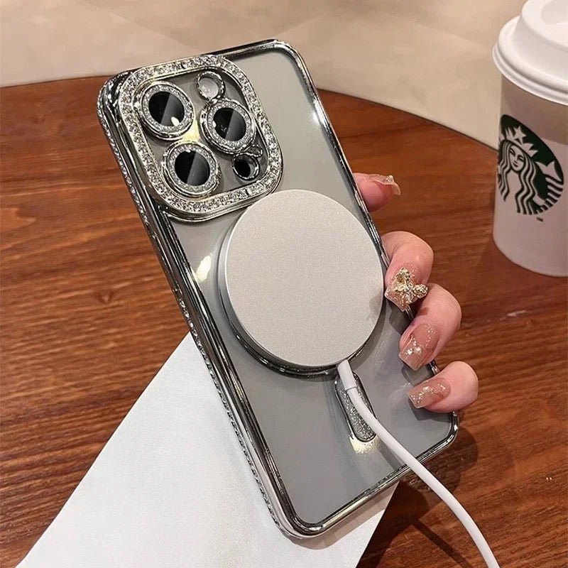 New Fashion Glitter Diamond Transparent Case For iPhone 16 15 14 13 17 12 Pro Max 16 Plus Magnetic Wireless Charge Bumper Cover - Luxelstore