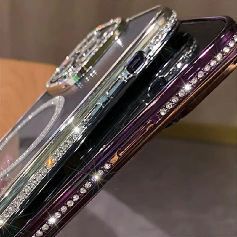 New Fashion Glitter Diamond Transparent Case For iPhone 16 15 14 13 17 12 Pro Max 16 Plus Magnetic Wireless Charge Bumper Cover - Luxelstore