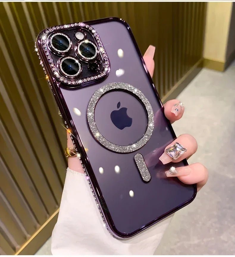 New Fashion Glitter Diamond Transparent Case For iPhone 16 15 14 13 17 12 Pro Max 16 Plus Magnetic Wireless Charge Bumper Cover - Luxelstore