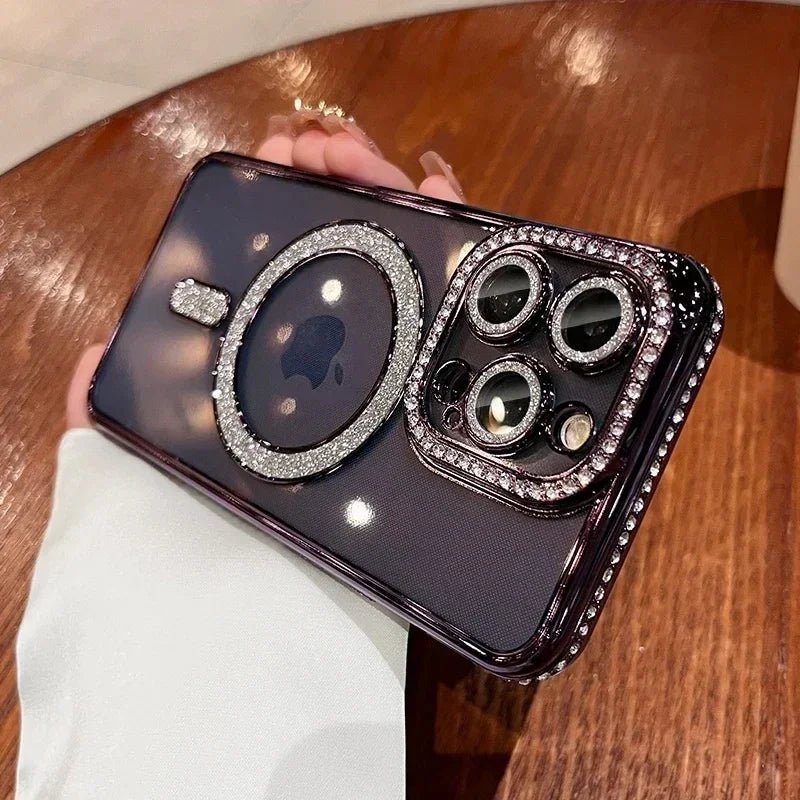 New Fashion Glitter Diamond Transparent Case For iPhone 16 15 14 13 17 12 Pro Max 16 Plus Magnetic Wireless Charge Bumper Cover - Luxelstore