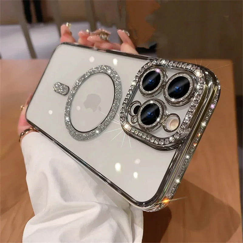 New Fashion Glitter Diamond Transparent Case For iPhone 16 15 14 13 17 12 Pro Max 16 Plus Magnetic Wireless Charge Bumper Cover - Luxelstore
