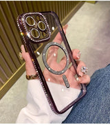 New Fashion Glitter Diamond Transparent Case For iPhone 16 15 14 13 17 12 Pro Max 16 Plus Magnetic Wireless Charge Bumper Cover - Luxelstore