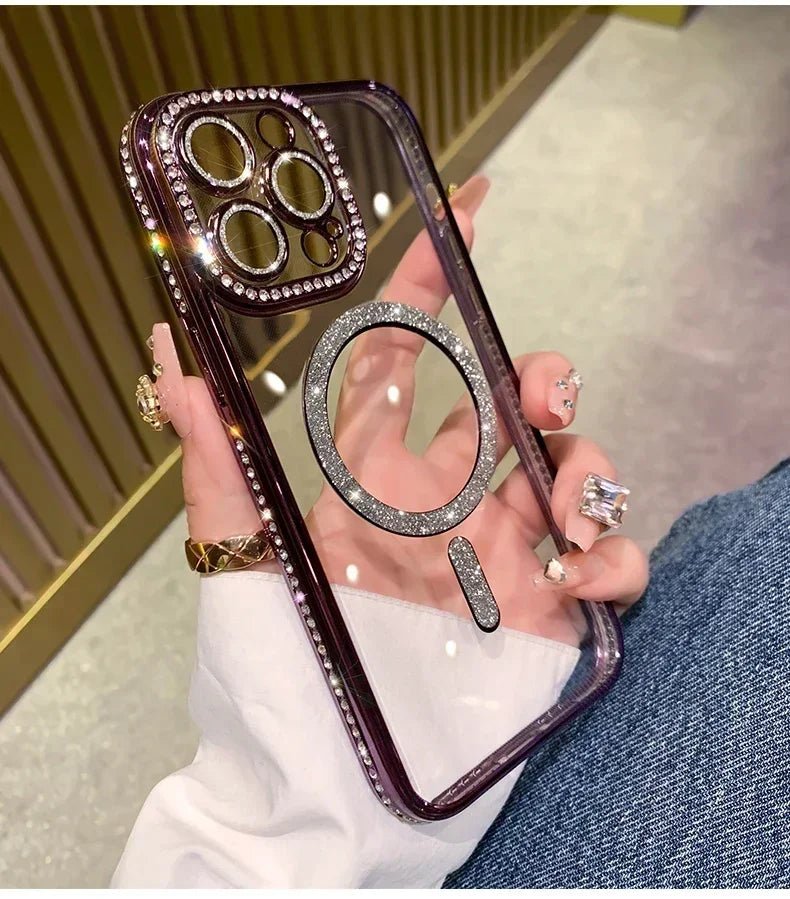 New Fashion Glitter Diamond Transparent Case For iPhone 16 15 14 13 17 12 Pro Max 16 Plus Magnetic Wireless Charge Bumper Cover - Luxelstore