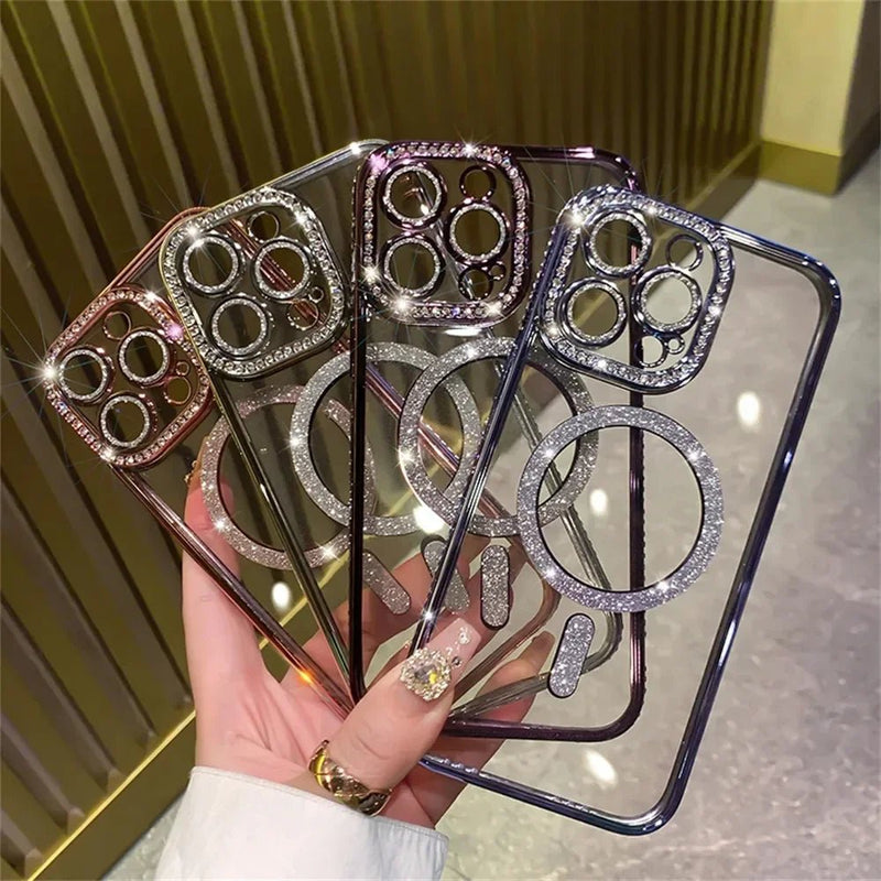 New Fashion Glitter Diamond Transparent Case For iPhone 16 15 14 13 17 12 Pro Max 16 Plus Magnetic Wireless Charge Bumper Cover - Luxelstore