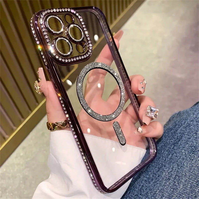 New Fashion Glitter Diamond Transparent Case For iPhone 16 15 14 13 17 12 Pro Max 16 Plus Magnetic Wireless Charge Bumper Cover - Luxelstore