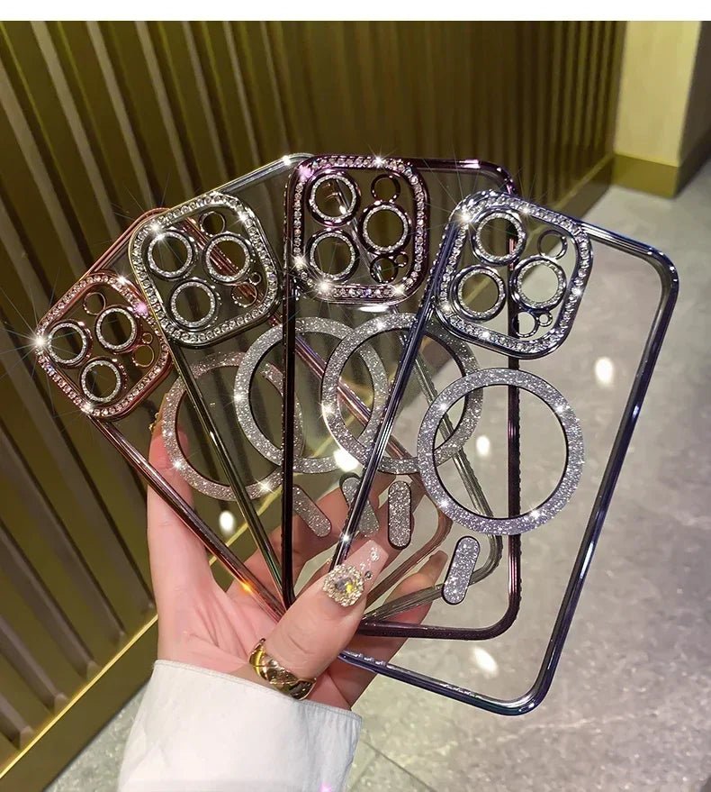 New Fashion Glitter Diamond Transparent Case For iPhone 16 15 14 13 17 12 Pro Max 16 Plus Magnetic Wireless Charge Bumper Cover - Luxelstore