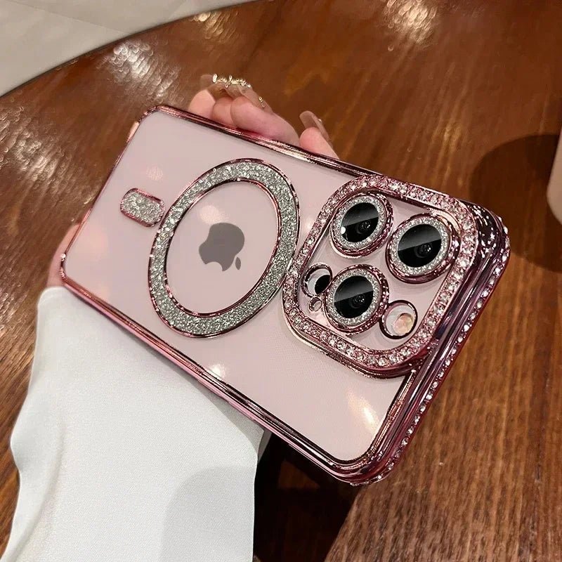 New Fashion Glitter Diamond Transparent Case For iPhone 16 15 14 13 17 12 Pro Max 16 Plus Magnetic Wireless Charge Bumper Cover - Luxelstore