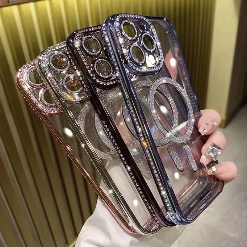 New Fashion Glitter Diamond Transparent Case For iPhone 16 15 14 13 17 12 Pro Max 16 Plus Magnetic Wireless Charge Bumper Cover - Luxelstore