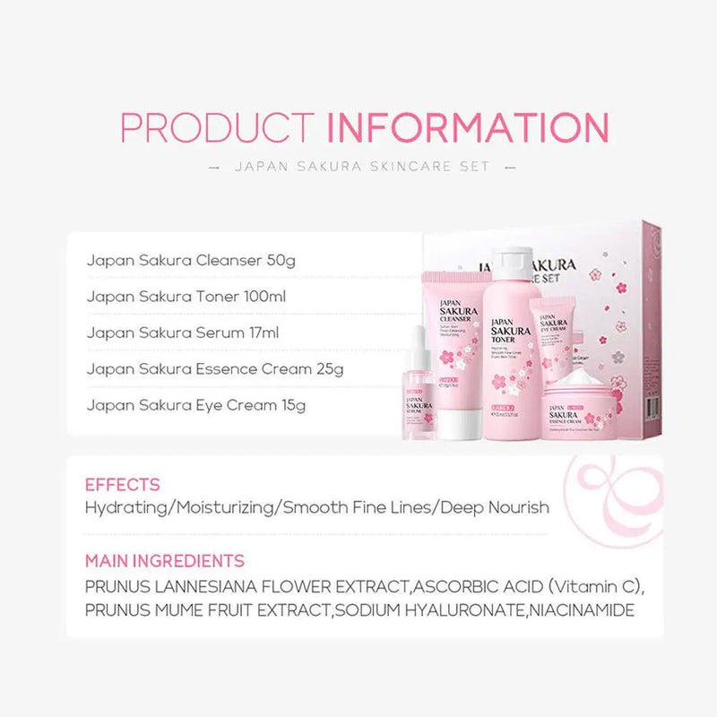 Sakura skin care sets with cleanser, serum, eye cream, facial cream, sunscreen beauty products for women, travel skin care kit - Luxelstore