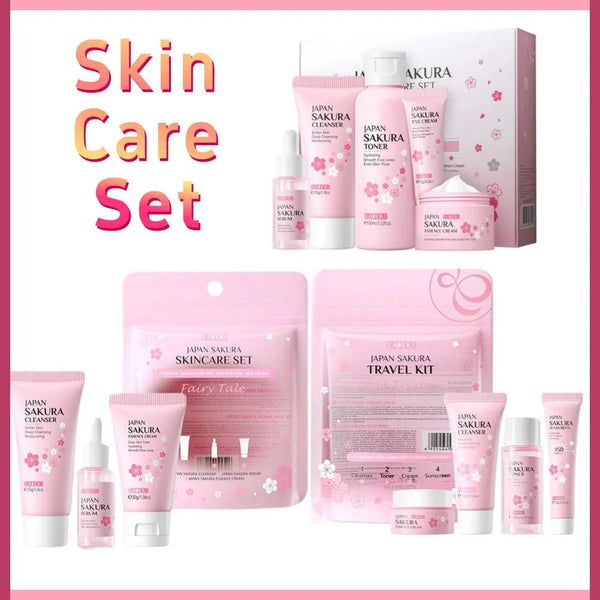 Sakura skin care sets with cleanser, serum, eye cream, facial cream, sunscreen beauty products for women, travel skin care kit - Luxelstore