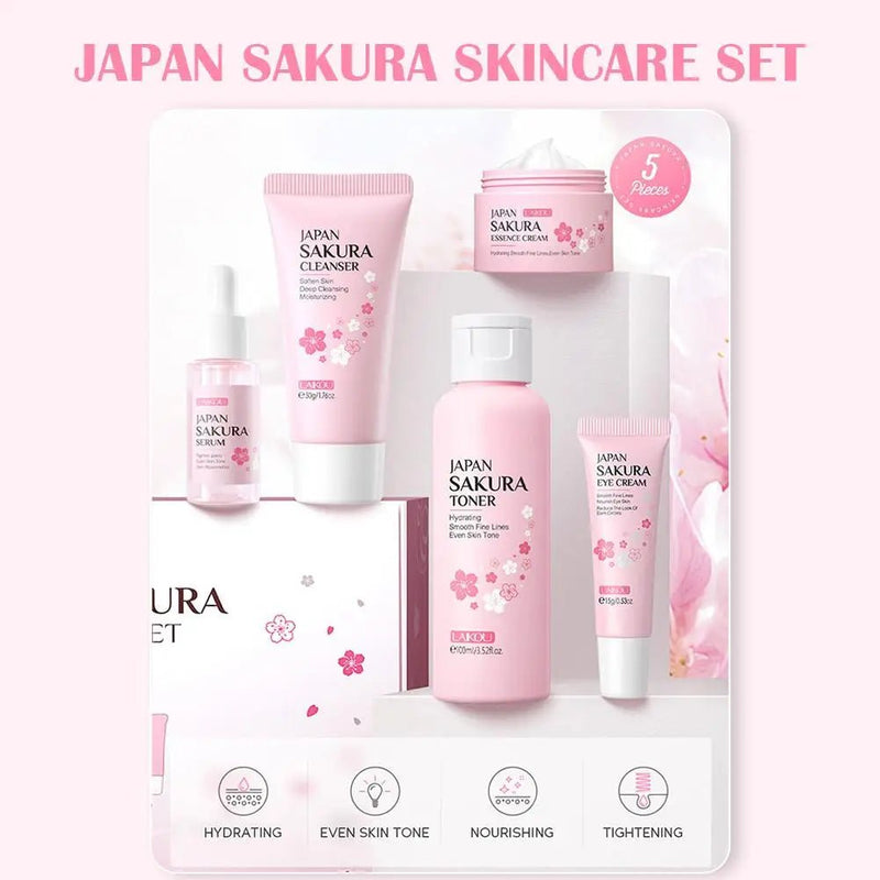 Sakura skin care sets with cleanser, serum, eye cream, facial cream, sunscreen beauty products for women, travel skin care kit - Luxelstore