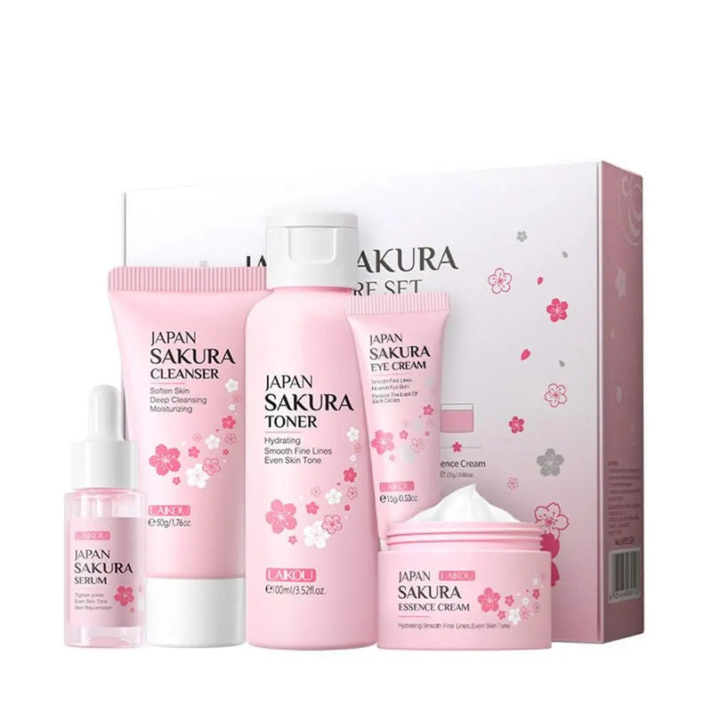 Sakura skin care sets with cleanser, serum, eye cream, facial cream, sunscreen beauty products for women, travel skin care kit - Luxelstore